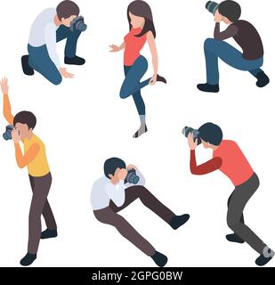 Photographer isometric. Professional video makers at work making photos with digital cameras and other equipment artwork salon photograper studio Stock Vector