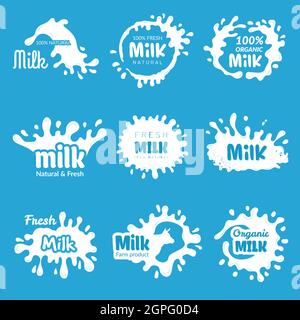 Milk logo. Cheese lecho or yoghurt splashes fresh farm dairy products badges design vector collection Stock Vector