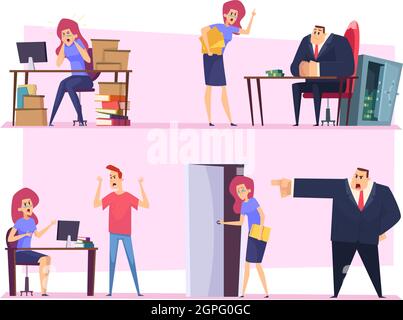 Burnout work. Business manager stuff lazy working angry boss bad atmosphere disrespectful employee nervous persons vector characters Stock Vector