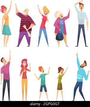 People looking up. Crowd watching and pointing in sky vector cartoon persons Stock Vector