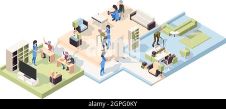 Nursing home isometric. Elderly male and female characters lifestyle healthcare activity professional medical stuff senior helping vector people Stock Vector