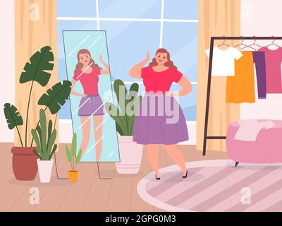 Woman mirror. Oversize lady standing front of mirror view fitness girls vector happy character Stock Vector