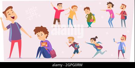 Bullying kids. Teasing stressed children conflict pupils in school little scare characters problem peoples vector set Stock Vector