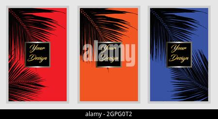 Modern cover design set with tropical pattern of coconut twig. Elegant vector collection for booklet, brochure, restaurant menu, and flyer designs Stock Vector