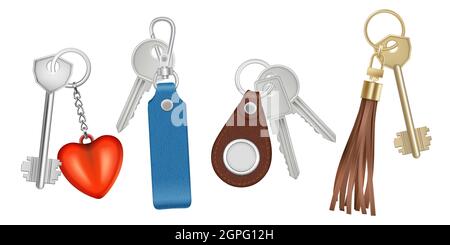 Keys on keychains. Realistic bunch with keys trinket different forms circle shapes vector isolated pictures Stock Vector