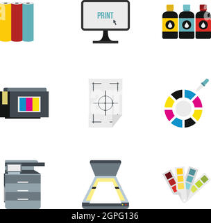 Printer icons set, flat style Stock Vector