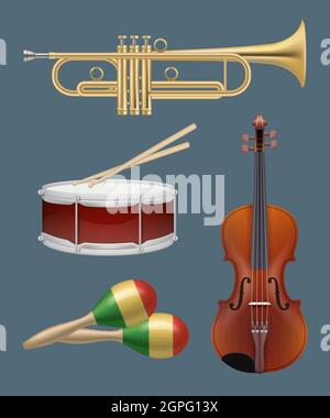 Musical instruments. Piano sax guitar and other handy instruments for music band vector realistic set Stock Vector