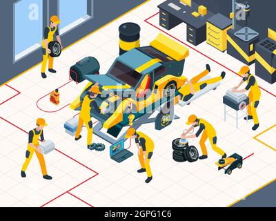 Car service. Workers mechanic repairing automobile change engine and wheels in garage interior vector inspection team isometric Stock Vector