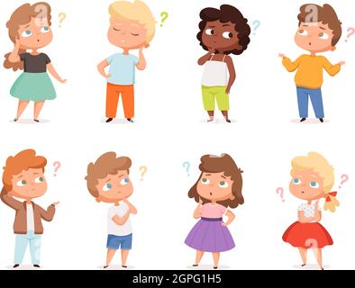 Question expression kids. Little genius high iq teenagers with question marks thinking vector illustrations Stock Vector