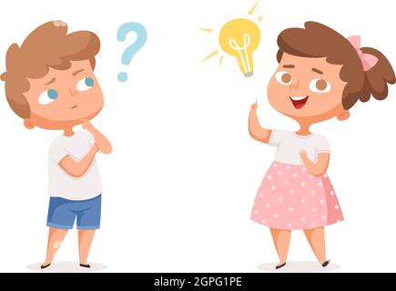 Kids good idea. Thinking people with question marks and happy mind lamp vector characters Stock Vector