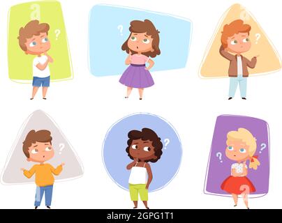 Thinking kids. Children asking question expression and question marks teens vector characters Stock Vector