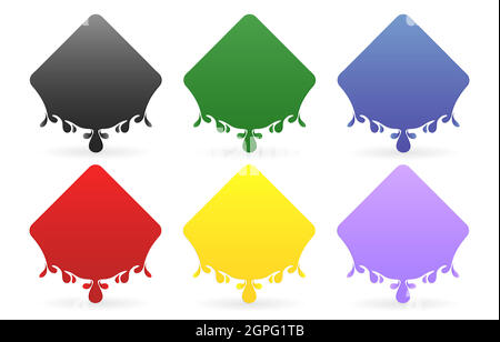 Label drops rectangle models with six variation color isolated white background, liquids drops. Colorful droplets of oil, honey, ink paint, olive, water, lubricant and blood drop realistic vector set. Stock Vector