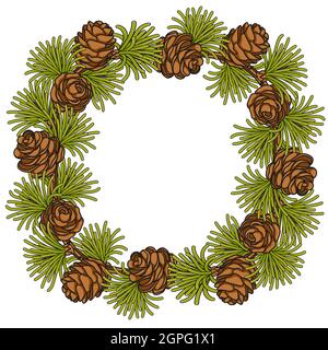 Color illustration, frame made of branches and cones of larch. Isolated vector object on white background. Stock Vector