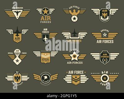 Army badges. Air special forces emblems with different symbols weapons wings anchor vector military set Stock Vector
