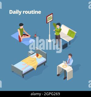 Daily routine. Day activities wake up breakfast shower work watching tv sleep vector isometric persons Stock Vector