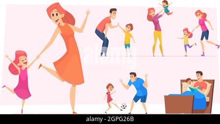 Good time kids. Happy parents with children playing learning dancing father mother with son and daughter vector set Stock Vector