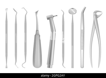Dental clinic tools. Medical items for dentists oral inspection tooth vector realistic chrome instruments Stock Vector