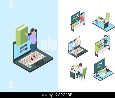 Homeschool. Childrens and students at home isolation study online parents helping make exercises at home vector knowledge isometric pictures Stock Vector