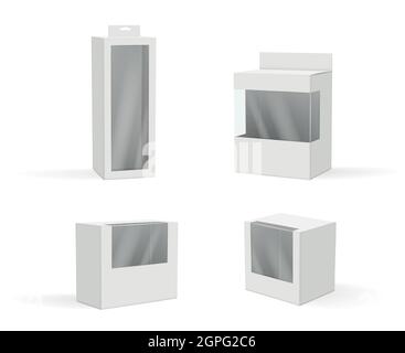 Realistic packages. Gift box mockup with transparent plastic frames white products vector pictures Stock Vector