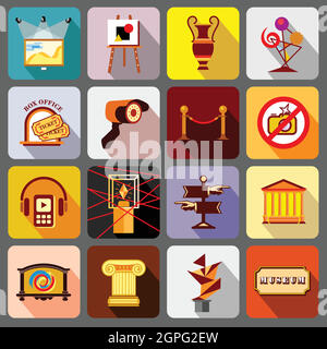 Museum icons set, flat style Stock Vector