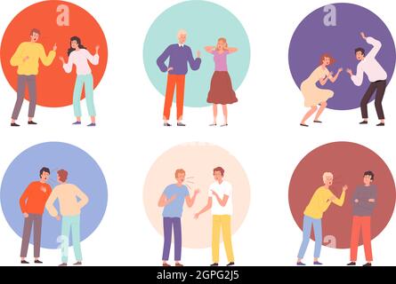 Conflict persons. Screaming people disrespect angry conversation quarrel of pairing brawl friends vector characters Stock Vector