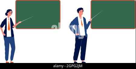 Teachers at blackboard. Male female professors, trainees in school or college. Studying process vector illustration Stock Vector