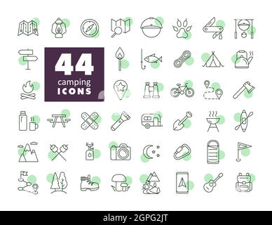 Camping, Hiking and Outdoor Activities icons set Stock Vector