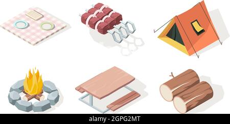 Picnic isometric. Bbq equipment fire camp fresh food and items for barbecue party vector illustrations Stock Vector