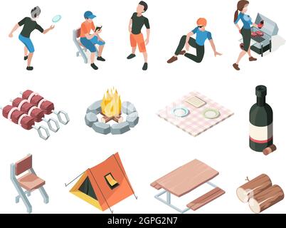 Bbq party. People relax picnic outdoor barbecue fresh products eating persons family playing vector isometric Stock Vector