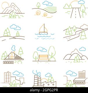 Outline landscapes. Thin line trees building houses outdoor park mountains nature vector panorama pictures collection Stock Vector
