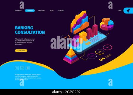Crm isometric. Business landing page with organization tools and graphs sales systems customer client service software crm marketing vector concept Stock Vector