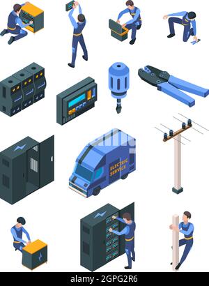 Electrician working. Isometric people in uniform making safety electric systems vector professional equipment isolated Stock Vector