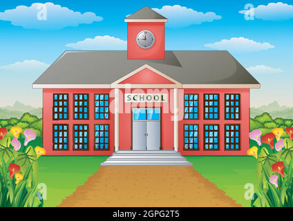 Cartoon school building with green yard Stock Vector