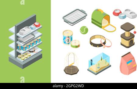 Pets shop. Products for animals balls toys food dogs cats fishes items vector isometric collection Stock Vector