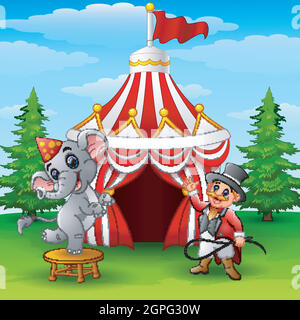 Circus elephant and tamer on the circus tent background Stock Vector