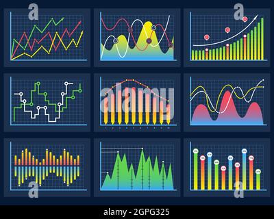 Line charts. Modern infographic set diagrams curves development graphs histogram info vector set Stock Vector