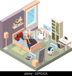 Household robots. Future domestic vehicles man robotic cleaner working in interior smart technology vector illustration Stock Vector