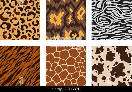 Animal skins. Pattern of african jungle animals leopard tiger zebra giraffe vector seamless backgrounds collection Stock Vector