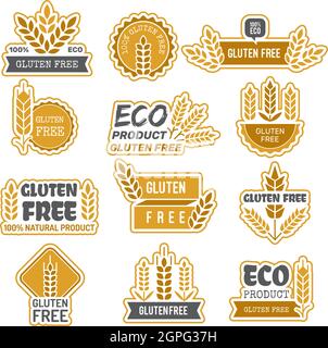 Gluten free badges. Eco bio farm fresh natural product sticky labels for packages no gluten in food vector symbols Stock Vector