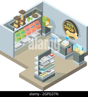 Pets shop interior. Isometric shopping house for domestic pets animals different products on store shelves vector building Stock Vector