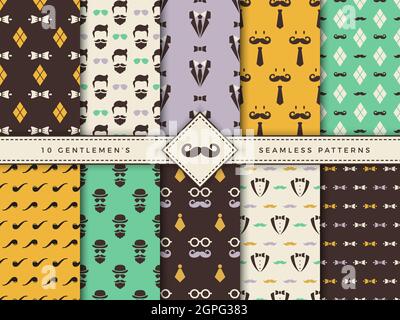 Gentlemen patterns. Textile seamless backgrounds for male clothes fashioned fabric textures with geometrical shapes vector set Stock Vector