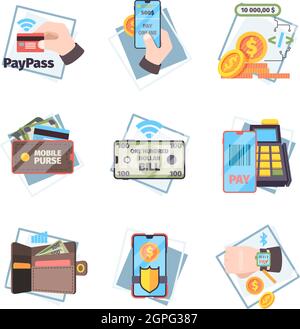 Online payment icons. Nfc innovative mobile transaction internet banking cards money vector concept flat pictures Stock Vector