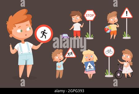 Kids rules road. School people with traffic signs safety education how crossing road traffic lights vector cartoon characters Stock Vector