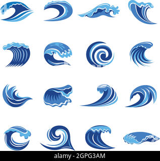 Water and drop icons. Blue waves and water splashes set Stock Vector ...