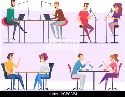 Broadcast characters. Radio show people studio making sound and music microphone vector illustration set Stock Vector