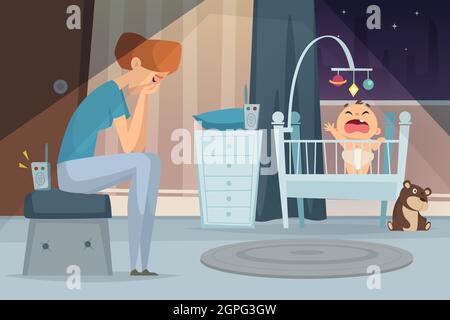 Depressing mother. Tired woman sitting near screaming baby in bed sick child vector cartoon background Stock Vector