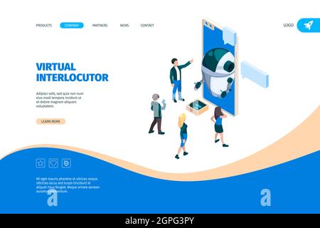 Smart chatbot. Dialogue with future computer brain receiving information digital intelligence customer mobility support vector isoetric landing page Stock Vector