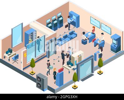 Bank interior isometric. Business financial offices with different banking workers managers and clients customers dialogue vector people Stock Vector