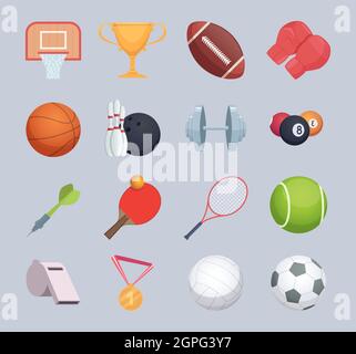 Sport equipment. Balls hockey or golf stick fitness exercise equipment rackets vector cartoon illustrations Stock Vector