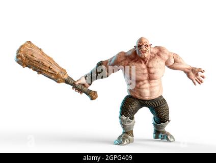 ogre man is holding a club is ready for action in white background, 3d illustration Stock Photo